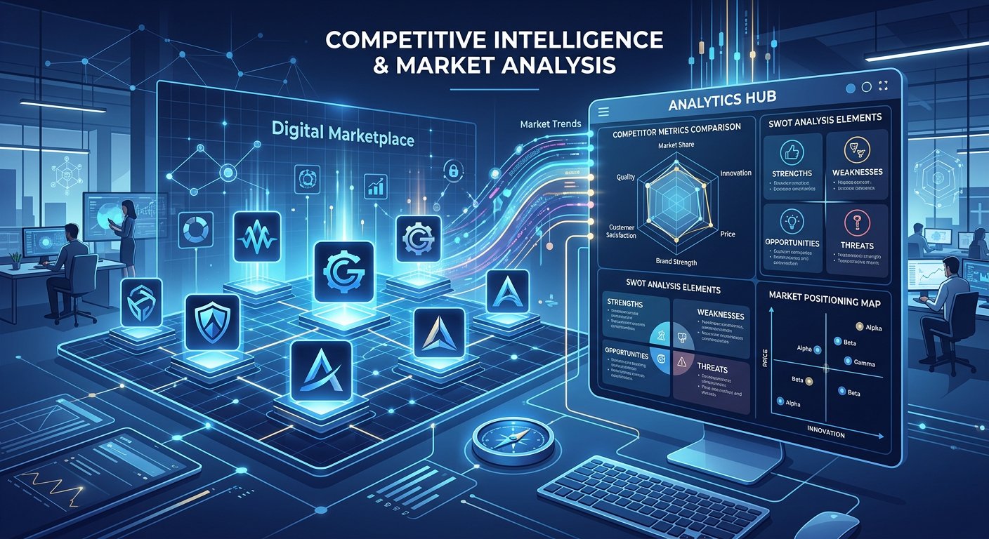 Competitive intelligence visualization showing data extraction from major e-commerce platforms like Amazon, Walmart, eBay, Flipkart, and Shopify with market positioning analytics