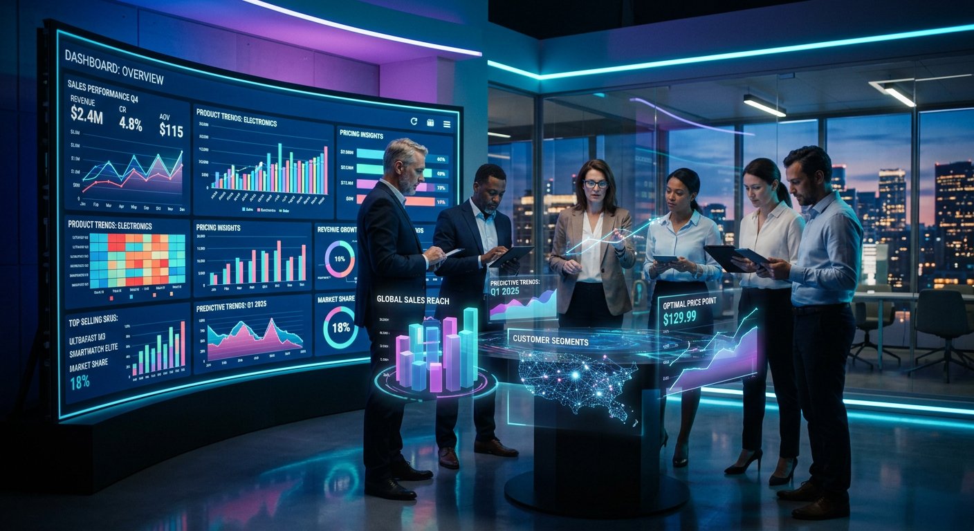 Business team analyzing e-commerce data on digital screens showing product analytics, pricing intelligence charts, and data-driven market insights for strategic decision making