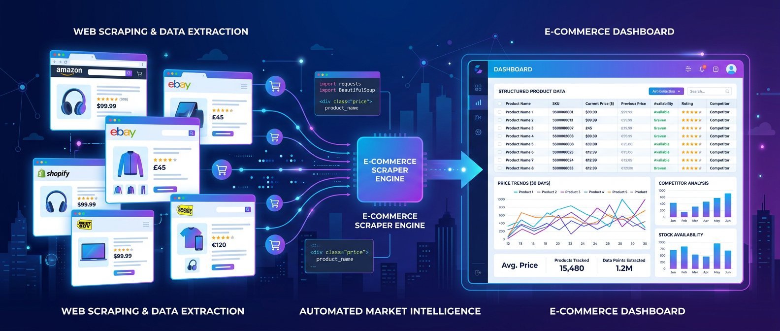 E-commerce data scraping dashboard showing product intelligence, price monitoring charts, and competitor analysis visualizations for online retail businesses in 2026