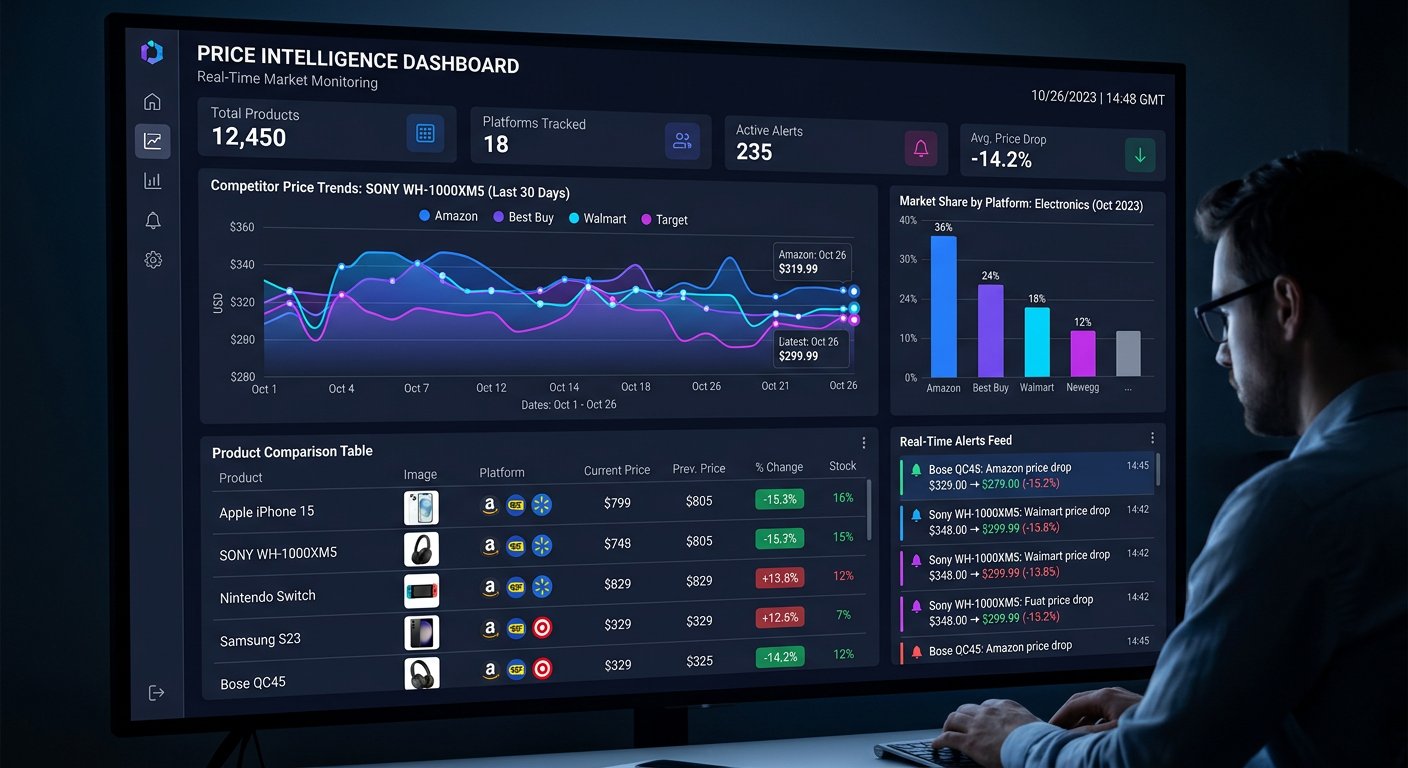 Real-time price monitoring analytics dashboard showing competitor price comparison charts, market share graphs, price drop alerts, and historical pricing trends across multiple e-commerce platforms
