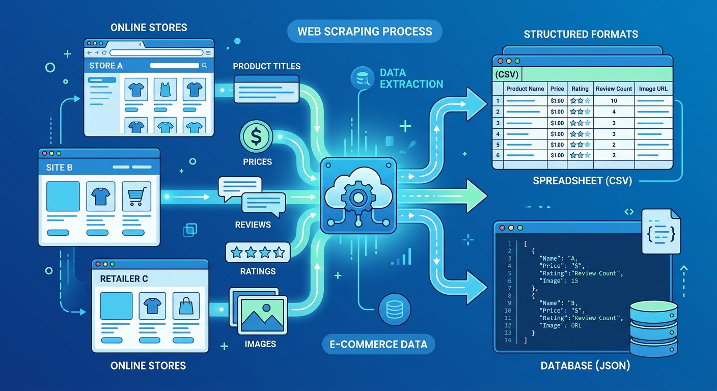 Product data extraction process showing how e-commerce product information like titles, prices, reviews, and ratings flow from online stores into structured datasets and databases