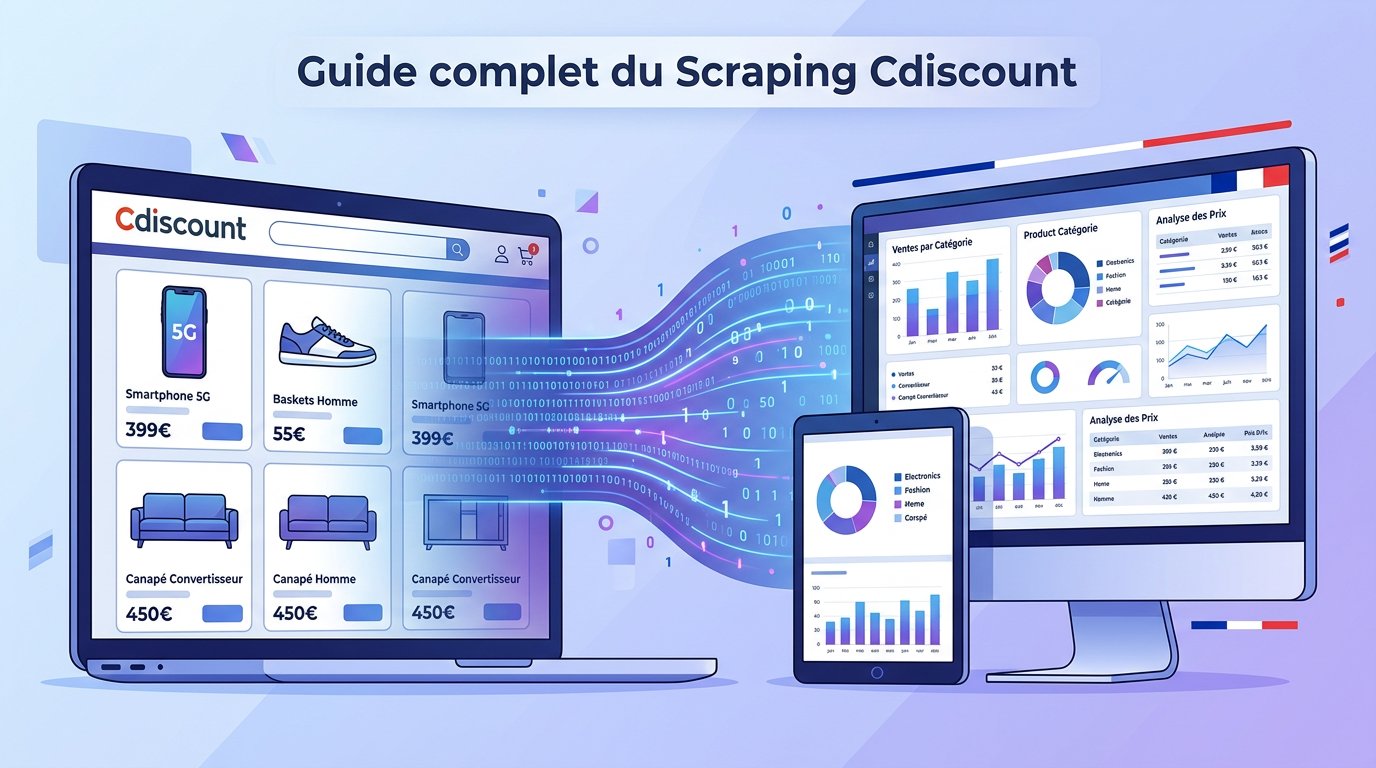 Cdiscount data scraping dashboard showing French e-commerce product intelligence, price monitoring charts, seller analytics, and marketplace data visualizations for France's second largest online marketplace