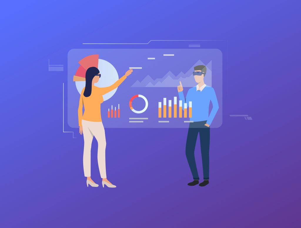 people tapping on futuristic virtual screens with diagrams