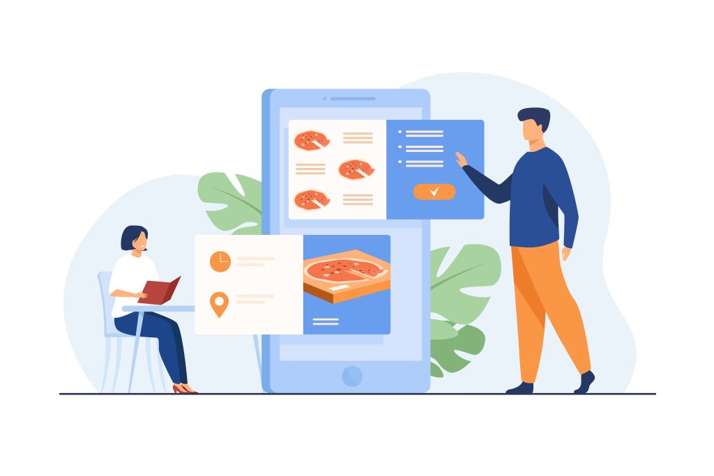 people ordering food in cafe and online