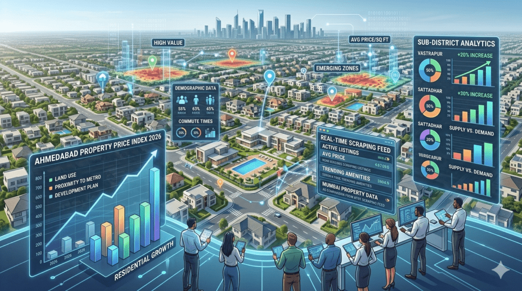 Aerial view of a neighborhood with data charts and property price analytics overlayed, representing real estate data scraping in 2026
