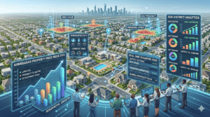 Aerial view of a neighborhood with data charts and property price analytics overlayed, representing real estate data scraping in 2026