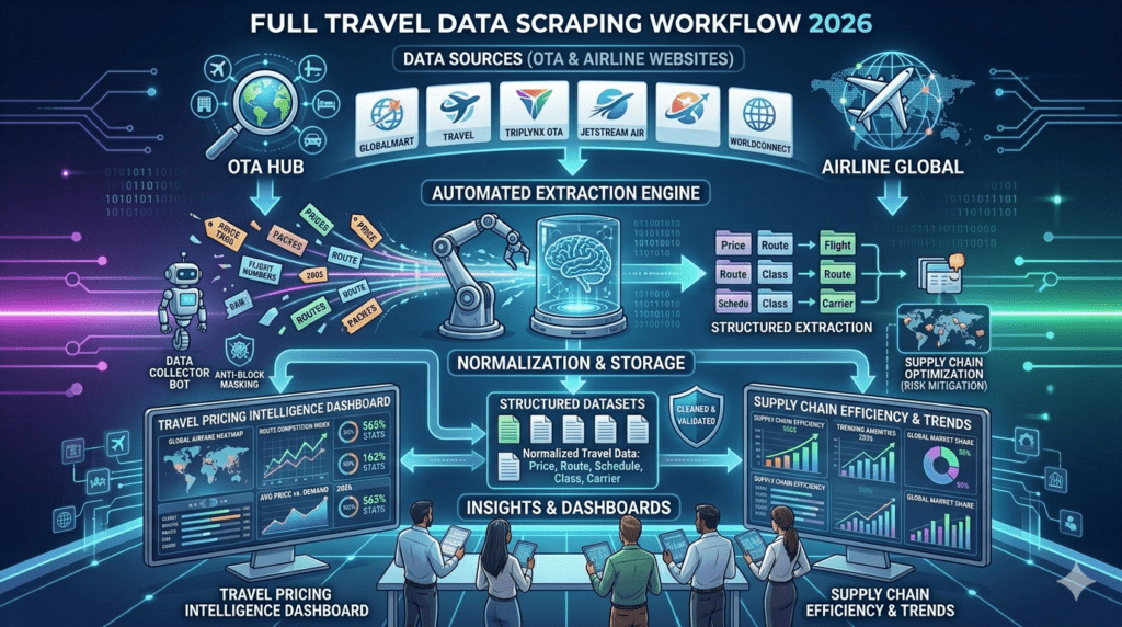 Diagram showing the travel data scraping workflow from OTA and airline websites through automated extraction to structured datasets and pricing intelligence dashboards