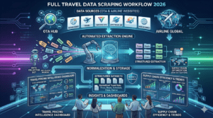 Diagram showing the travel data scraping workflow from OTA and airline websites through automated extraction to structured datasets and pricing intelligence dashboards