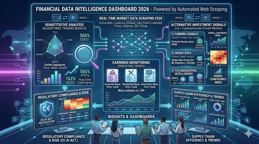 Financial data intelligence dashboard showing real-time market data scraping, alternative investment signals, earnings monitoring, and quantitative analysis powered by automated web scraping in 2026