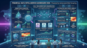 Financial data intelligence dashboard showing real-time market data scraping, alternative investment signals, earnings monitoring, and quantitative analysis powered by automated web scraping in 2026