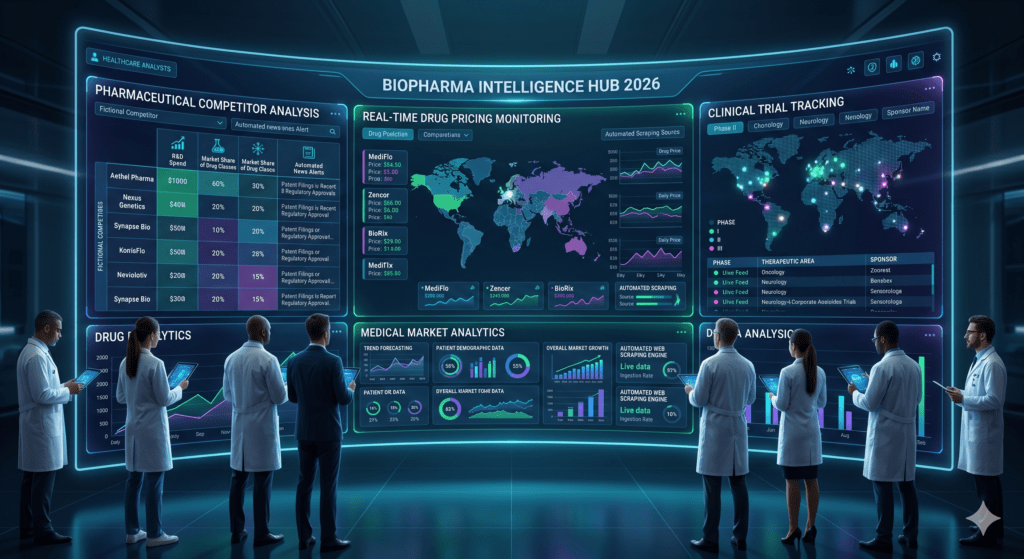 Healthcare data intelligence dashboard showing real-time drug pricing monitoring