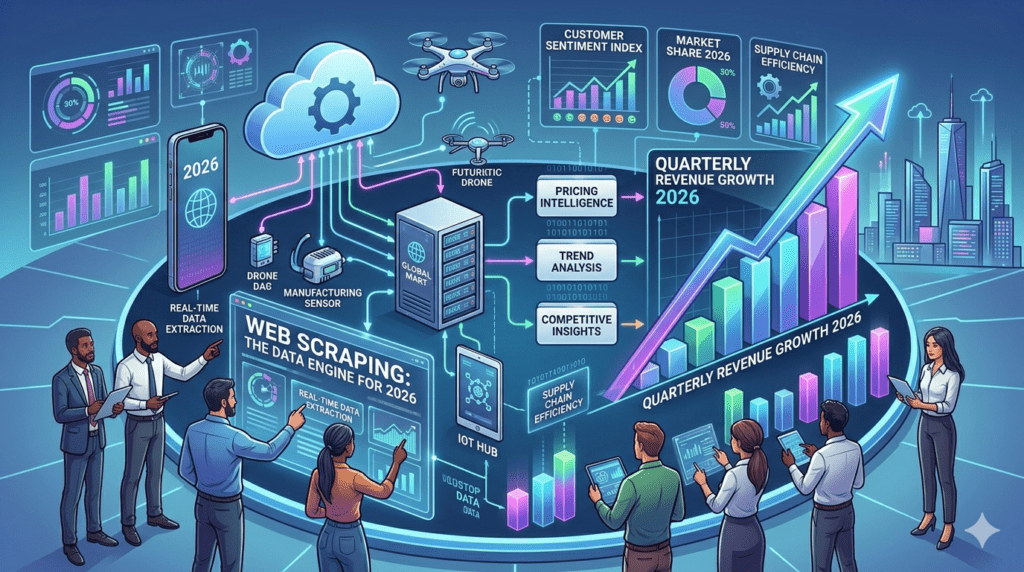 Illustration showing web scraping driving business growth with data charts and connected devices in 2026