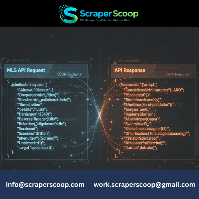 Diagram showing API request from proptech app to ScraperScoop, returning property data fields
