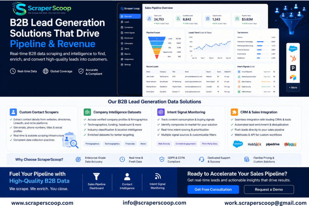 ScraperScoop B2B lead generation data scraping call-to-action banner showing sales pipeline dashboard, contact intelligence, and intent signal monitoring