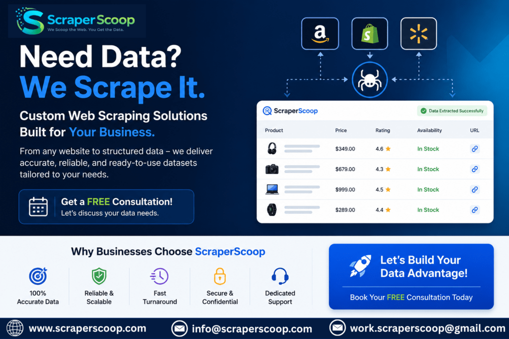 ScraperScoop call-to-action banner inviting businesses to get custom web scraping solutions and free consultation