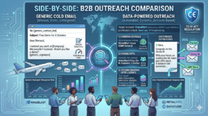 Side-by-side comparison showing generic cold email versus highly personalized data-powered B2B outreach enriched with funding signals, hiring data, and technographic intelligence