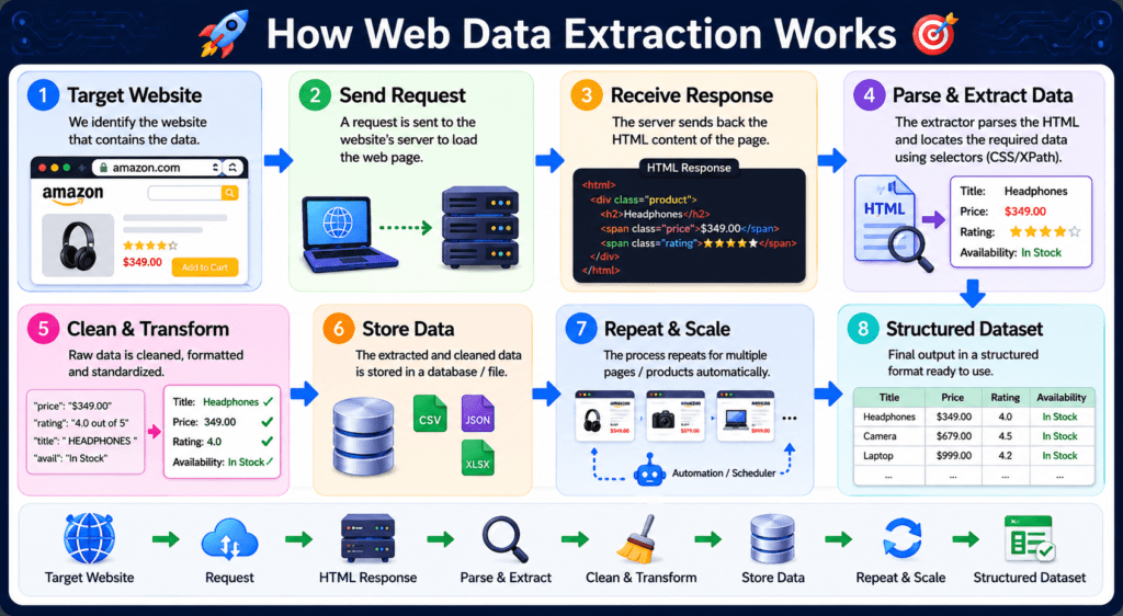 Step-by-step diagram showing how web data extraction works from website to structured dataset ScraperScoop