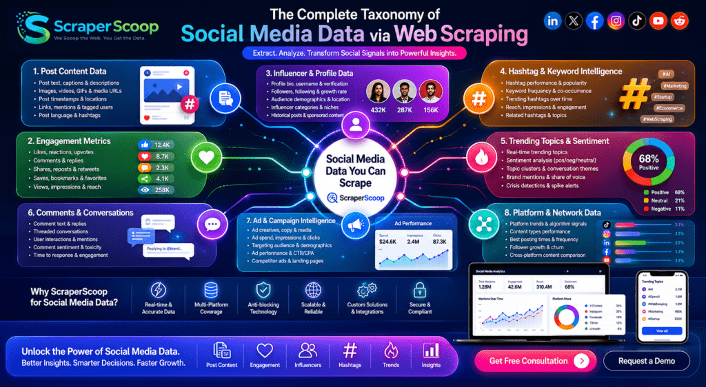 Visual taxonomy showing all categories of social media data available through web scraping including post content, engagement metrics, influencer profiles, hashtag performance, and trending topics