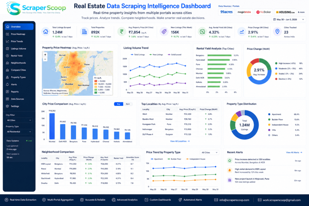 Real estate data scraping intelligence dashboard displaying property price heatmaps